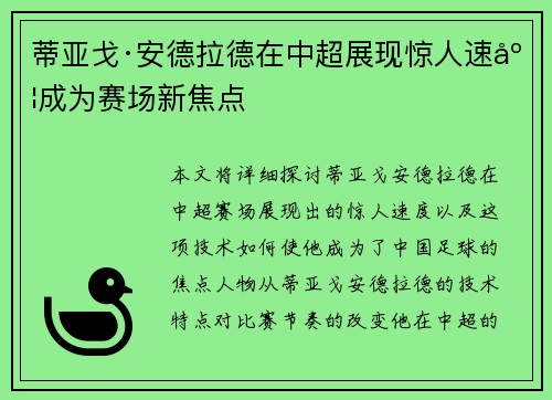 蒂亚戈·安德拉德在中超展现惊人速度成为赛场新焦点